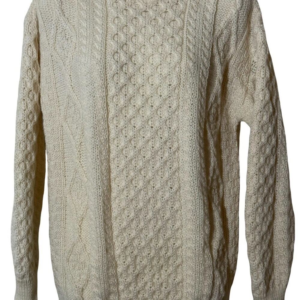 Aran Crafts Ireland 100% Wool Cable Knit Chunky Knit Fisherman Sweater Ivory S - Picture 13 of 16